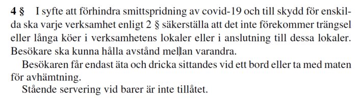 Text från HSLF-FS 2020:9 om riktlinjer för att förhindra smittspridning av covid-19, inklusive social distansering.