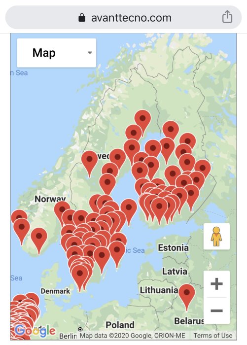 Karta som visar fördelningen av återförsäljare i norra Europa med många röda markörer.