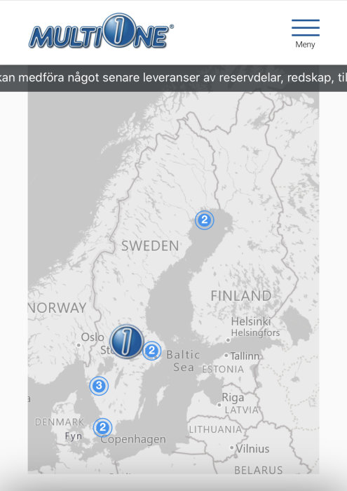 Karta över Skandinavien med markeringar som visar platser med potentiell sen leverans.