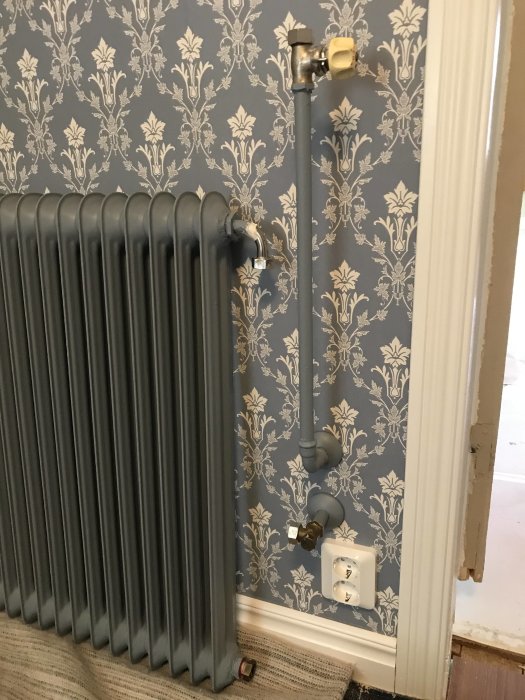 Vattenburen radiator med anslutningar mot mönstrad vägg, synlig genom öppning i ett dörrkarm.