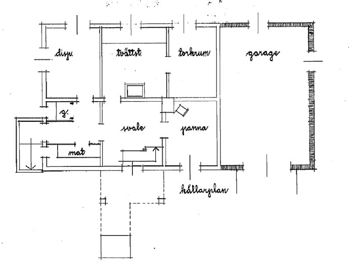 Vanhan talon pohjapiirustus, sisältäen huoneet kuten ruokakomero, pesutupa, pannuhuone ja autotalli, käsin piirretty 1950-luvulta.