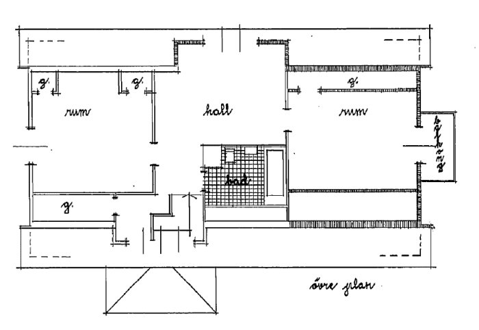 1950-luvun talon pohjapiirros, jossa näkyy huoneet, halli, portaikko ja rakennuksen alkuperäinen suunnitelma.