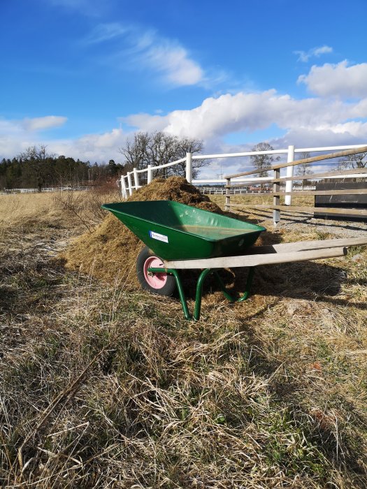 Grön skottkärra full med gammalt gräs på en avklippt gräsmatta med staket i bakgrunden