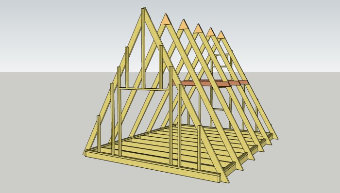 3D-modell av en trästomme för ett byggprojekt med stödben och reglar