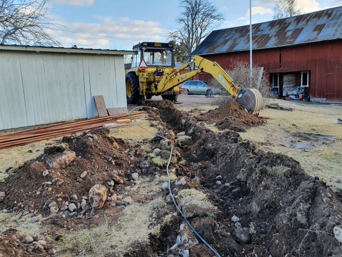 Gul grävmaskin vid uppgrävt dike för elkabel i en trädgård med lantlig bakgrund.