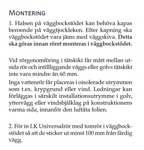 Monteringsinstruktion för väggbockstöd med text och en pil som visar var man ska kapa bockstödet.