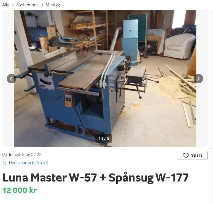 Luna Master W-57 bordsåg med tillkopplad spånsug W-177 i ett verkstadsutrymme.