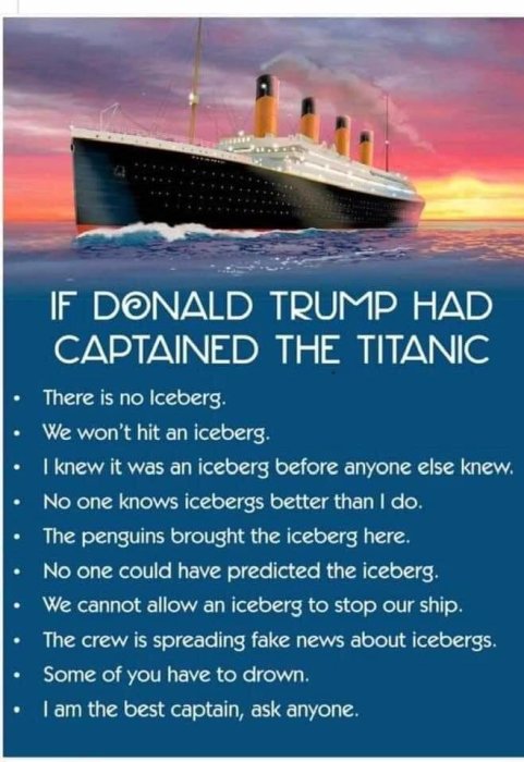 Illustration av Titanic och satirisk text som liknar Donald Trumps uttalanden om kapten för skeppet.