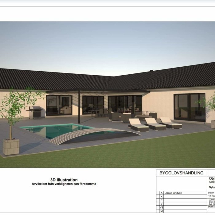 3D-illustration av ett modernt enplanshus med pool och uteplats, framtidens drömhus i byggprocessen.