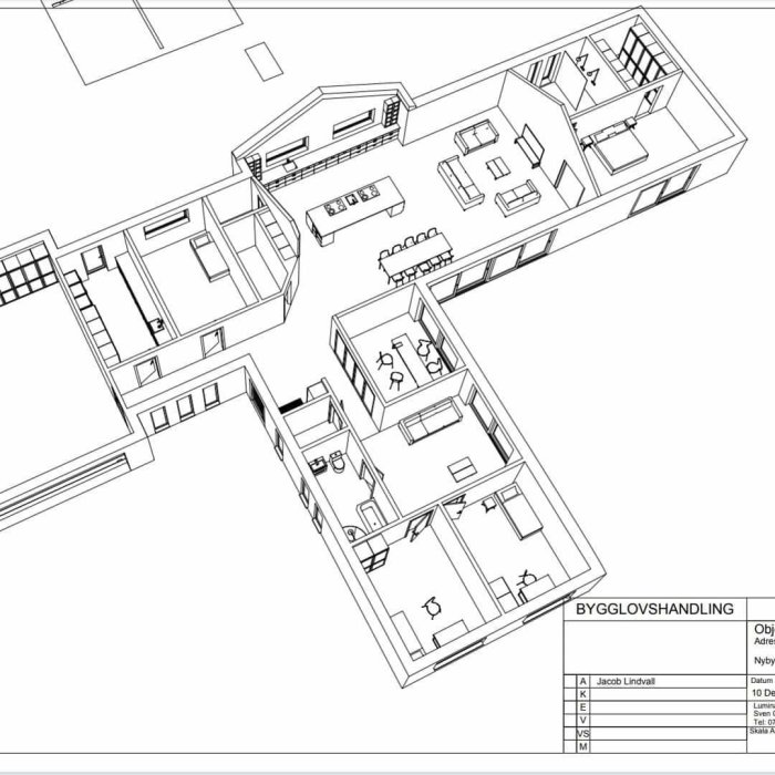 Översikt av en detaljerad arkitektonisk ritning för ett hus som visar upp layouten för de olika rummen och områdena.