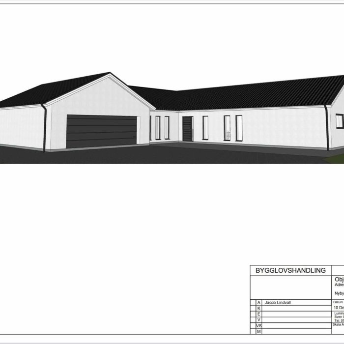 Arkitektritning av en långsträckt enplansvilla med ansluten garagebyggnad.