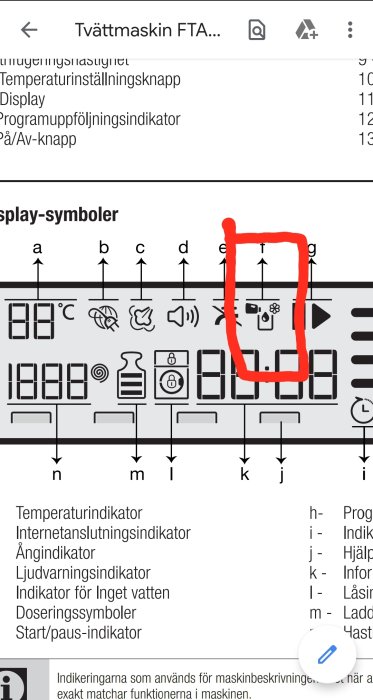 Skärmdump av handbok för tvättmaskin med markerad ikon som föreställer en droppe mellan doseringssymboler.