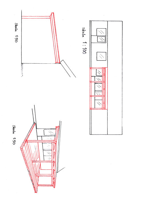 Handritade skisser av en byggkonstruktion med måttangivelser och skala 1:50 och 1:100.