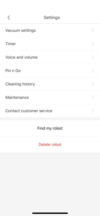 Skärmdump av Roborock-appens inställningsmeny på iPhone visar alternativ som Vakuuminställningar, Timer, och mer.