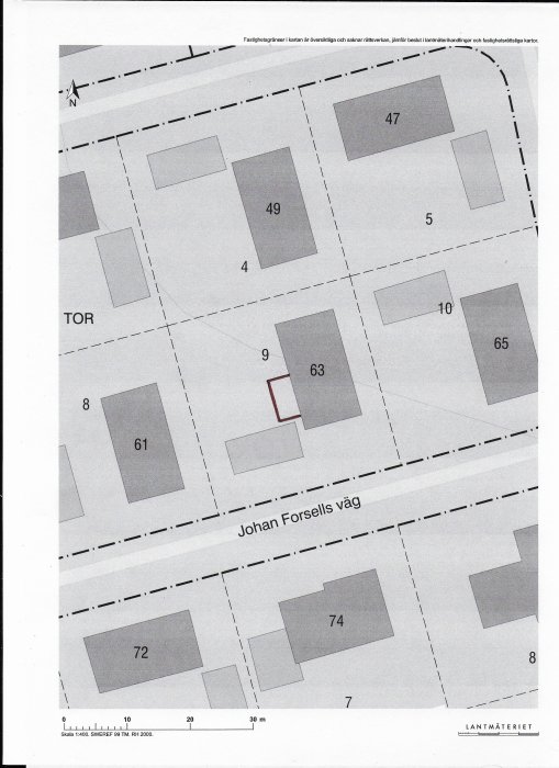 Situationsplan från Lantmäteriet som visar fastighetsgränser och fastighetsnummer vid Johan Forsells väg.