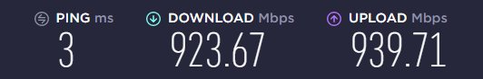 Internet hastighetstestresultat visande ping 3 ms, nedladdning 923.67 Mbps, uppladdning 939.71 Mbps.