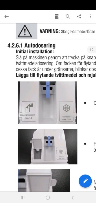 Tvättmedelsfack i tvättmaskin med symboler för flytande tvättmedel och sköljmedel.