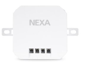 Vit Nexa inbyggnadssändare för montering bakom väggbrytare med Nexa-logotypen synlig.