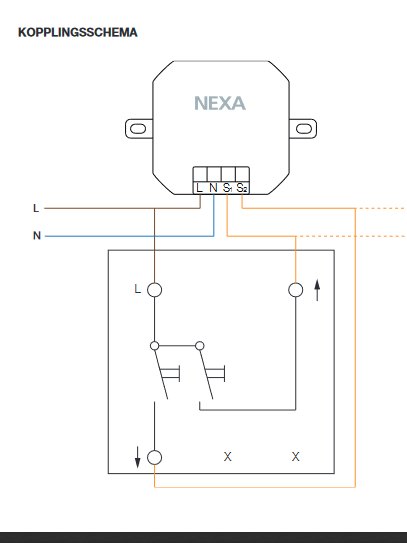 Kopplingsschema för Nexa inbyggnadssändare som visar anslutning bakom en väggbrytare för styrning av trådlös brytare.