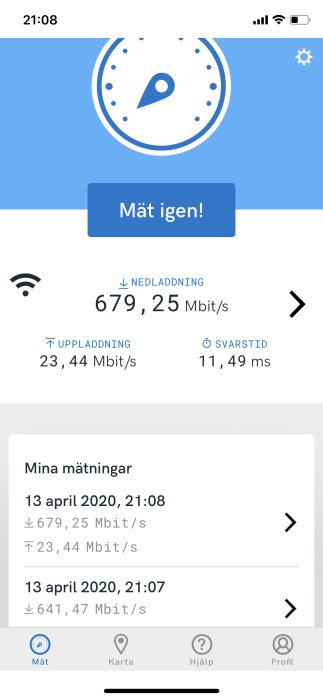 Skärmavbild av bredbandsprestanda med hastigheter: 679,25 Mbit/s nedladdning och 23,44 Mbit/s uppladdning.