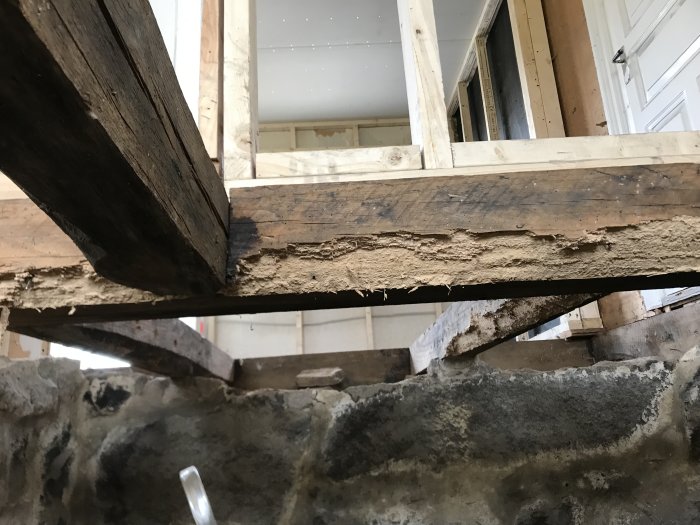Skadad träbjälke över en källarmur med spår av röta och mögelskador, i behov av bedömning för renovering.