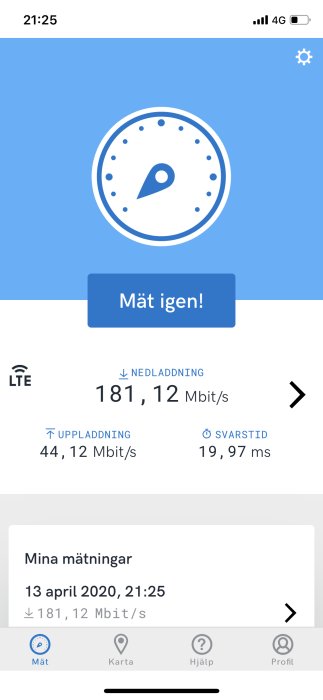 Skärmdump av internet hastighetstest på mobil visar LTE nedladdning på 181,12 Mbit/s och uppladdning 44,12 Mbit/s.