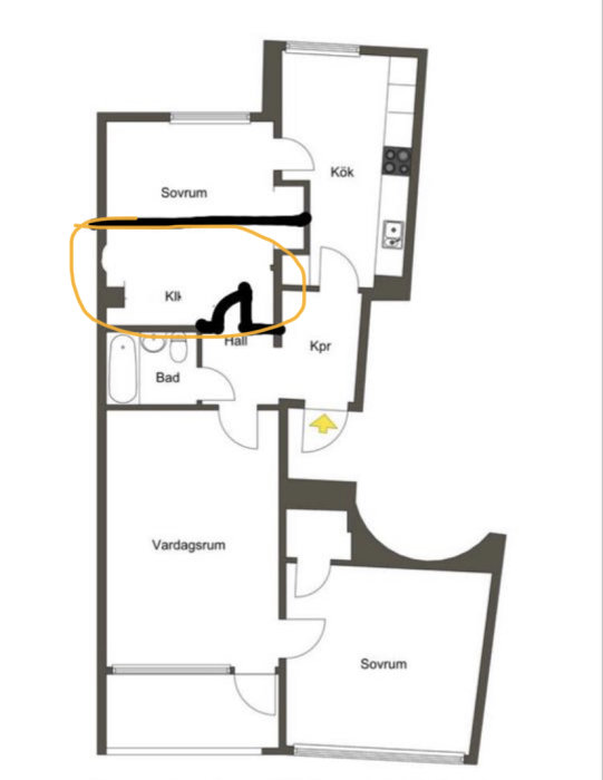 Ritning av lägenhetslayout med markerat sovrum där ventilationen ska lösas.