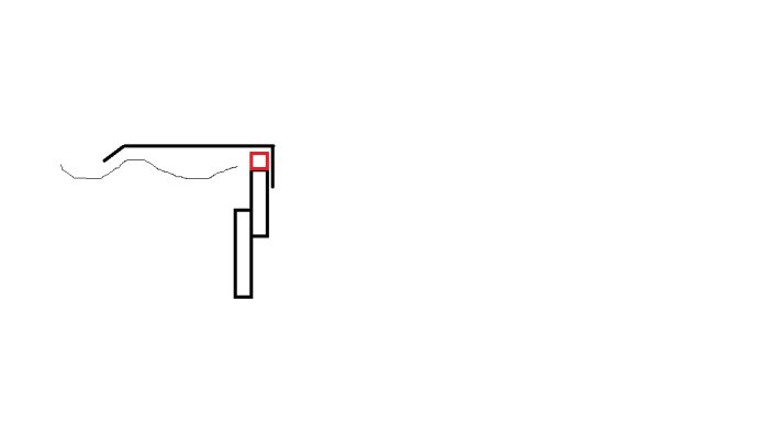 Schematisk ritning av takutsprång med markerad röd detalj representerande listen på vindskivan.