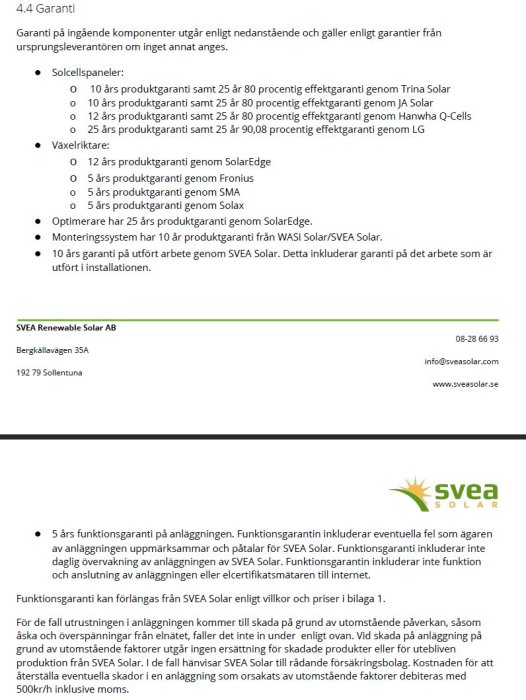 Dokument med garantivillkor för solenergiprodukter, inklusive 10 års arbetsgaranti från SVEA Solar.