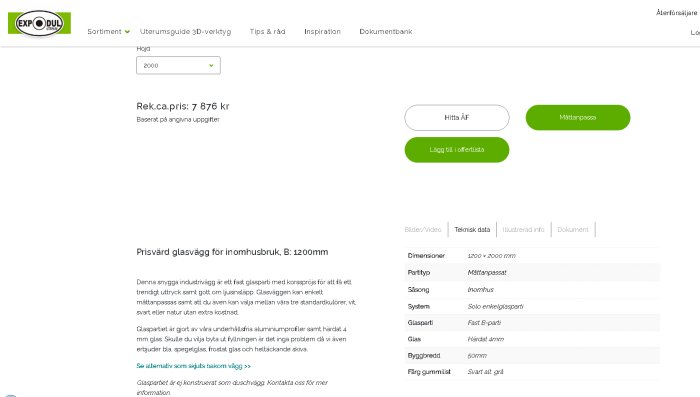 Skärmdump av webbsida för glasväggar med produktspecifikationer och prissättning.