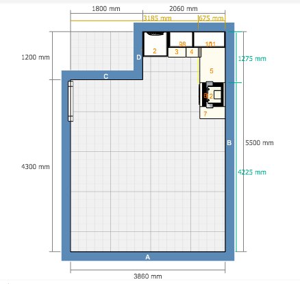 Skiss av köksplanering med utmärkta platser för kyl och frys (2), diskmaskin (3), samt sopsorteringsskåp (4) i en lägenhet.