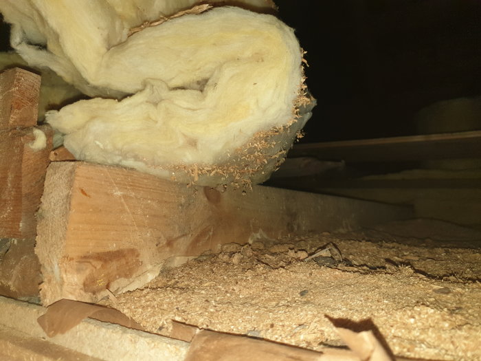 Gamla träreglar och isolering på en vind, spånskivor och sågspån syns där renovering pågår.