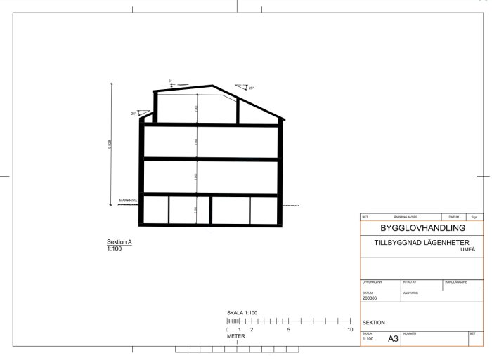 Arkitektonisk sektionsritning av ett flervåningshus med dimensioner och takkupor, märkt som bygglovhandling.