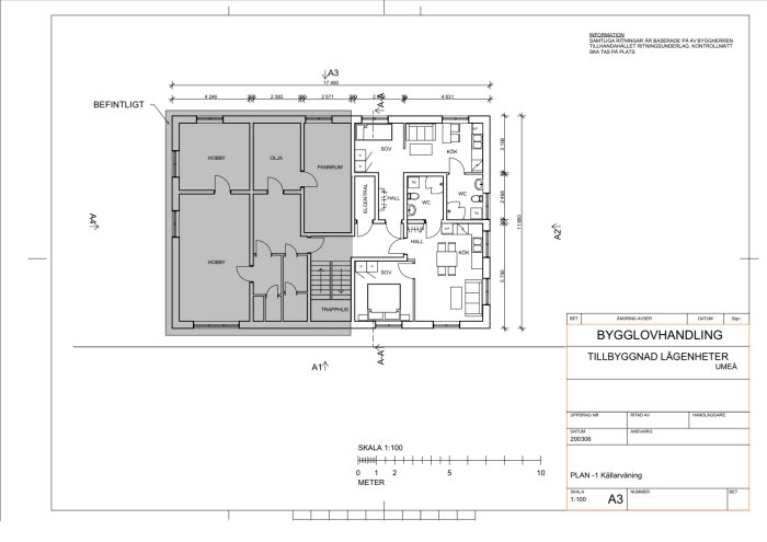 Arkitektonisk ritning för bygglov av tillbyggda lägenheter med mått och rumsuppdelning.