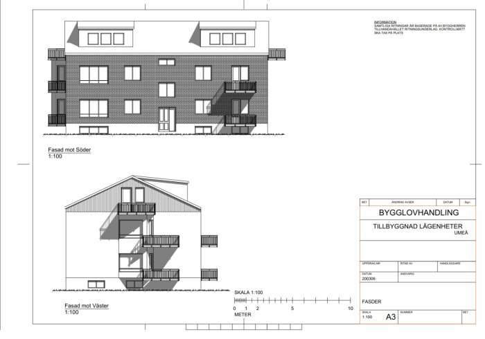 Arkitektritningar av en flerfamiljsbyggnad med angivna mått och takkupor för diskussion om bygglov och avvikelser från detaljplanen.