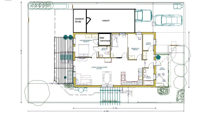 Planritning över ett enplanshus med tillbyggnad, visar rum disposition och carport.