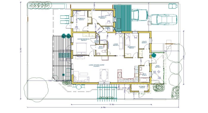 Arkitekturritning av en enplanshusplanlösning med tillbyggnad, inklusive 4 sovrum, hobbyrum och utomhusdäck.