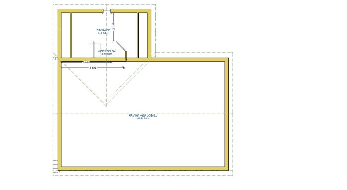 Skiss av nuvarande och tänkt planlösning för hus med tillbyggnad, inklusive måttangivelser.