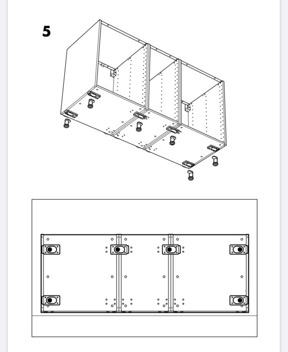 Illustration av en IKEA köksunderskåpsstruktur med tre sektioner och stödben på bottenplattan.