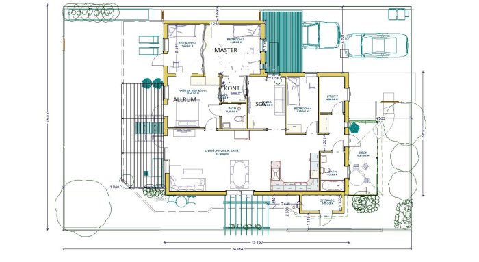 Arkitektritning av en våningsplanslayout för ett hus med markerade utrymmen och mått.