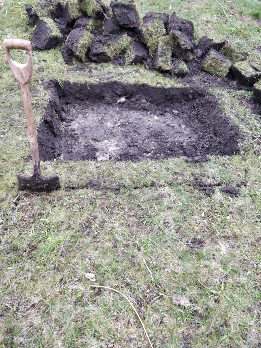 Större grävt hål i gräsmark med en spade och upptagen torv runtomkring.