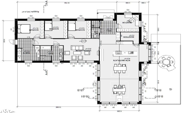 Arkitektonisk ritning av en lägenhetsplan med sovrum, kök och matplats markerat.