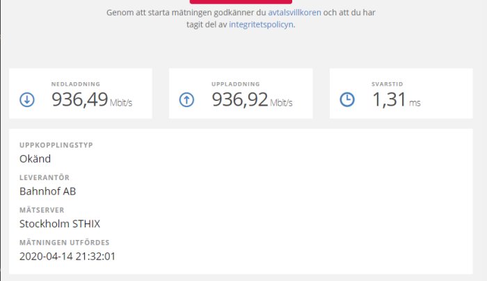 Screenshot av internethastighetstest med Bahnhof som leverantör, hastigheter ca 936 Mbit/s ned/upp och 1,31 ms svarstid.