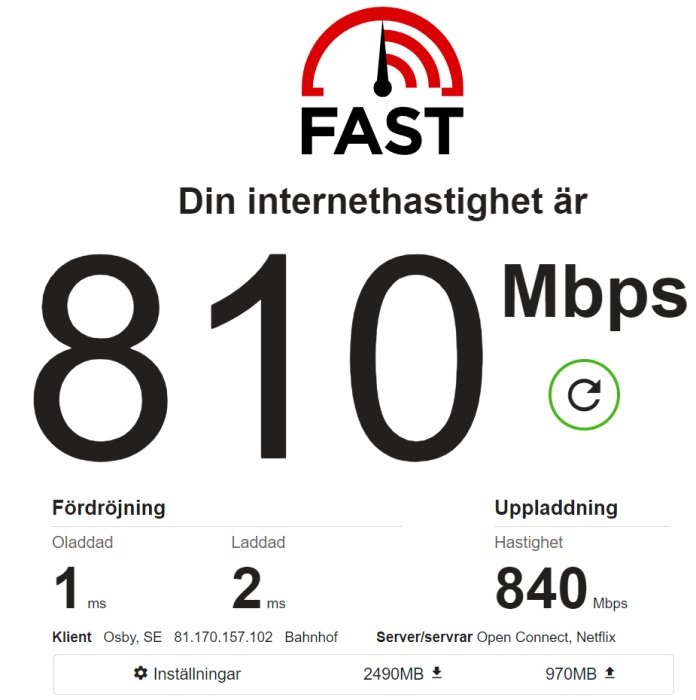 Skärmbild av internet hastighetstest visar 810 Mbps nerladdning och 840 Mbps uppladdning.