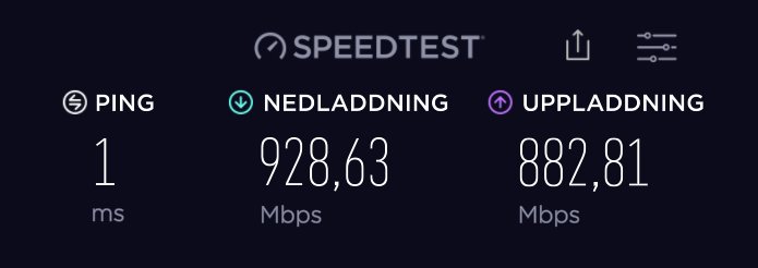 Speedtest-resultat med 1 ms ping, 928,63 Mbps nedladdning och 882,81 Mbps uppladdning.