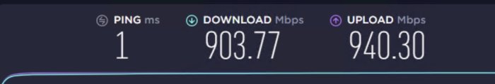 Internetanslutningstest som visar 1 ms ping, 903.77 Mbps nedladdning och 940.30 Mbps uppladdning.