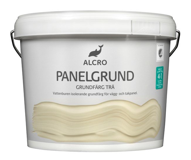 Hink med Alcro Panelgrund grundfärg för trä, vattenburen isolerande färg för vägg- och takpanel.