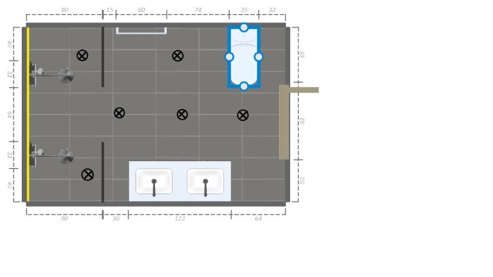 Planritning av badrum med markerade placeringar för downlights och ledlist för släpljus.