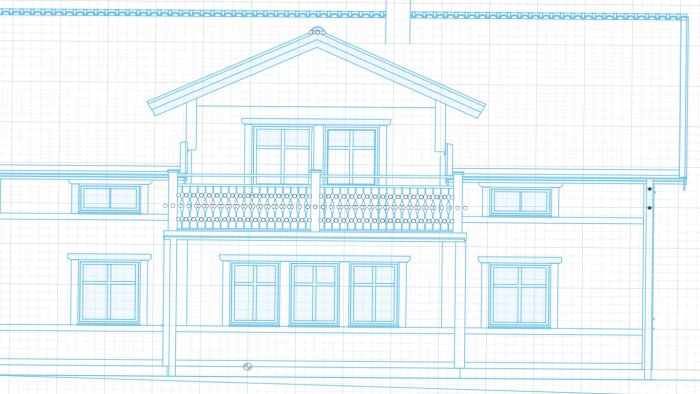 Ritning av husfasad med burspråk på bottenvåning och ovanliggande balkong som ska byggas in.