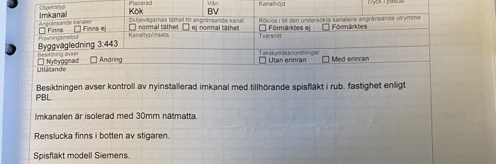 Dokument med information om ventilation med beskrivning av imkanal i kök och angivande av spisfläktsmodell Siemens.